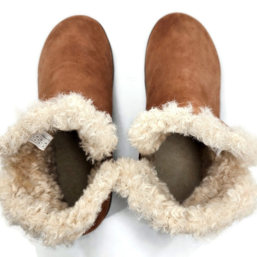 Vionic Unwind Tan Suede Faux Shearling Notched Sides Pull-On Flat Ankle Booties - Picture 5 of 14
